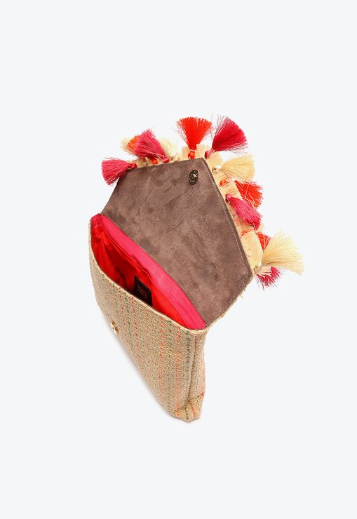 Bolsa de Mão Funcy Ráfia Bege e Rosa