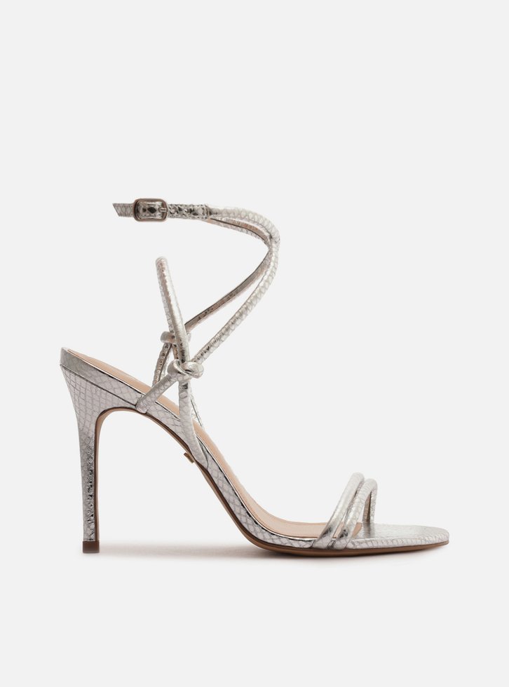 Sandália Prata Snake Salto Fino Tiras Knot