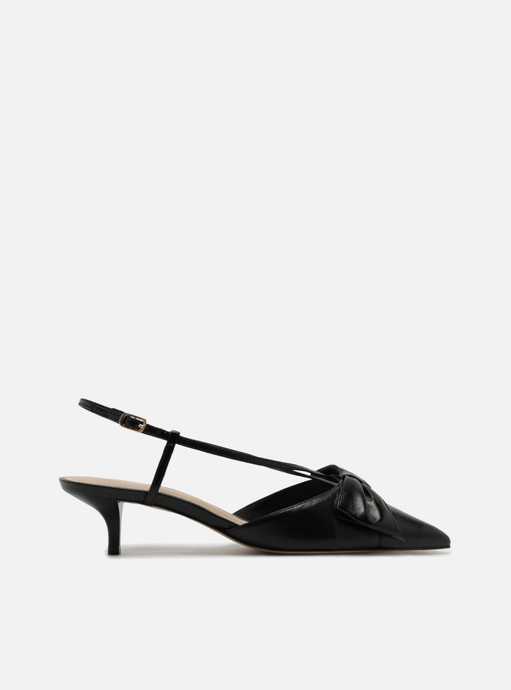 Scarpin Preto Couro Salto Fino Laço Slingback