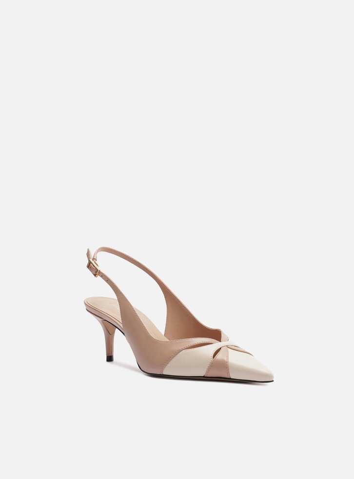 Scarpin Bege Couro Salto Kitten Slingback Bicolor