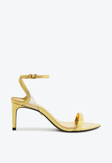 Sandália Salto Médio Skye Leaf Couro Dourada