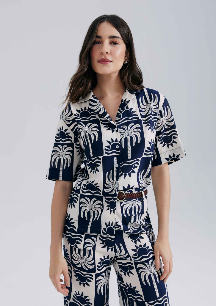 Camisa Azul Hering Manga Curta Estampada