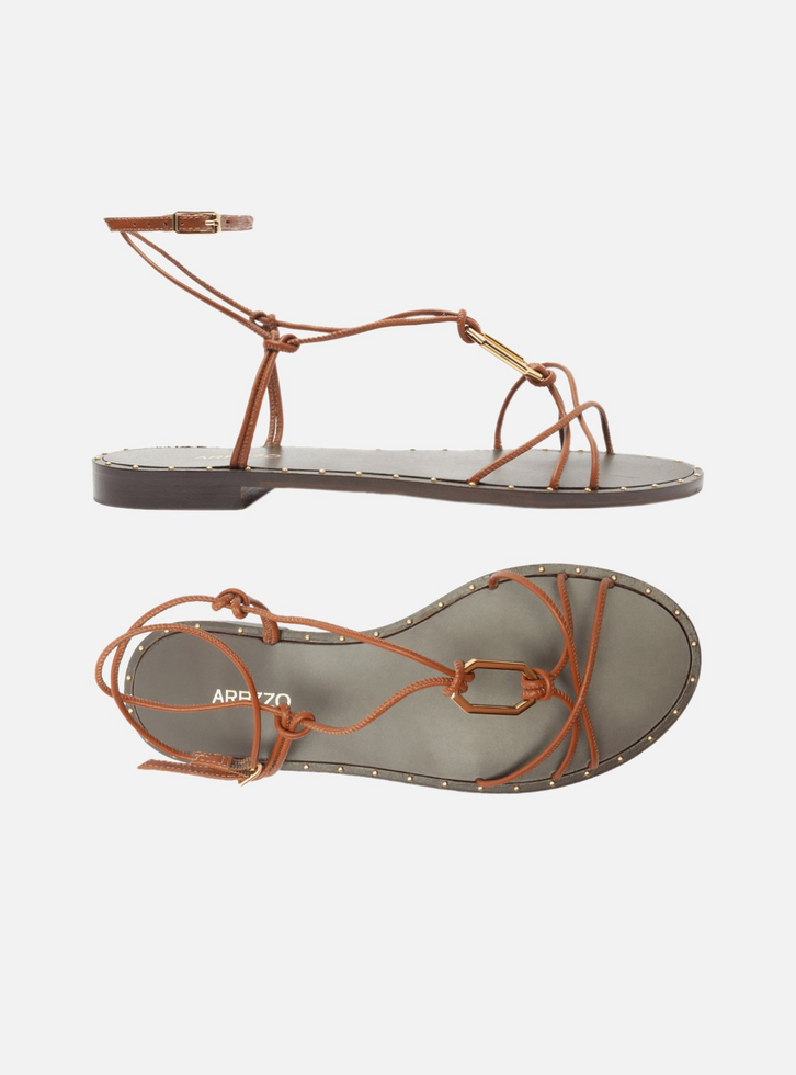 Sandália Rasteira Marrom Tiras Metal