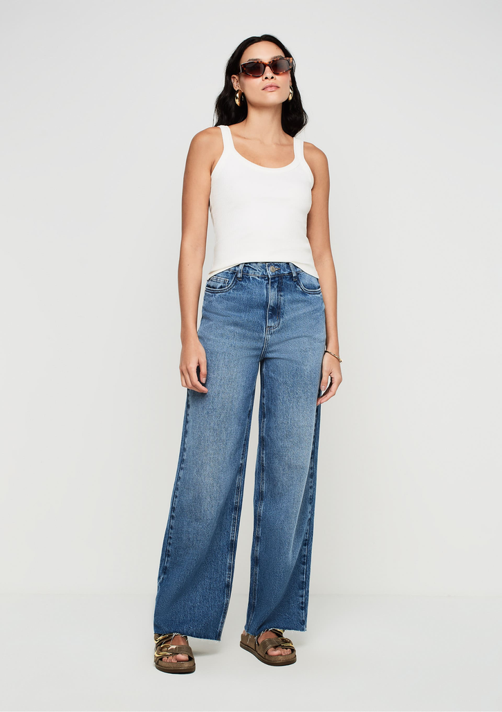 Calça Jeans Azul Dzarm Wide Leg Slim Cintura Alta