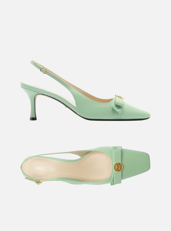 Scarpin Verde Arezzo Couro Bico Quadrado Slingback Laço