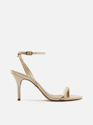 Sandália Dourada Couro Salto Fino Tiras Minimal