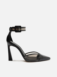 Scarpin Preto Arezzo Couro Salto Alto Bico Fino Vinil