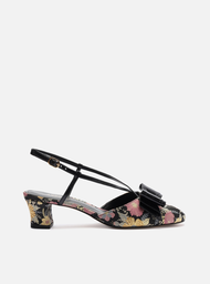 Scarpin Preto Estampa Salto Baixo Slingback Laço
