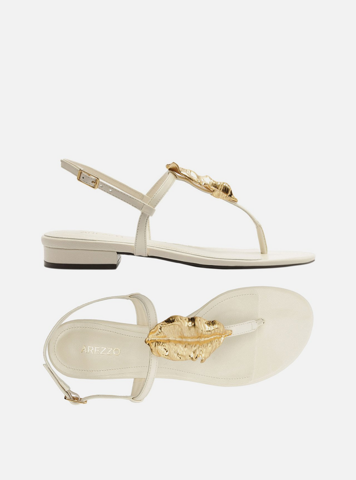 Sandália Rasteira Branca Couro Slim Folha Metal