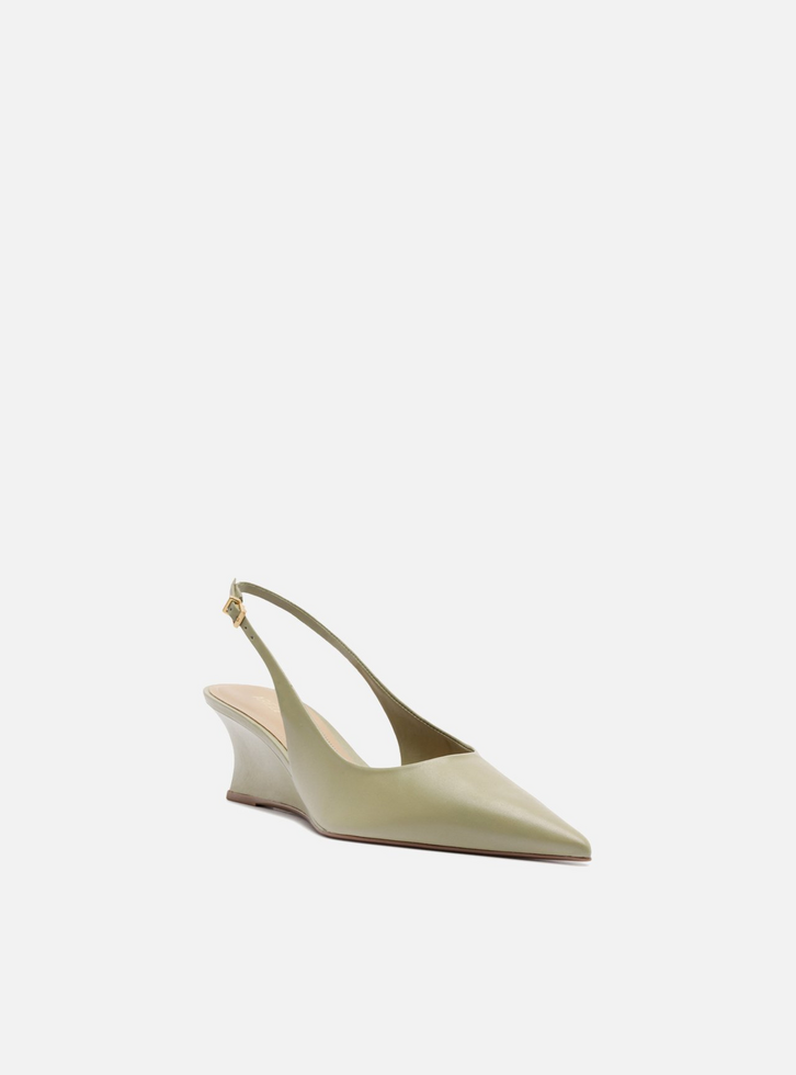 Scarpin Verde Oliva Couro Salto Baixo Anabela Slingback