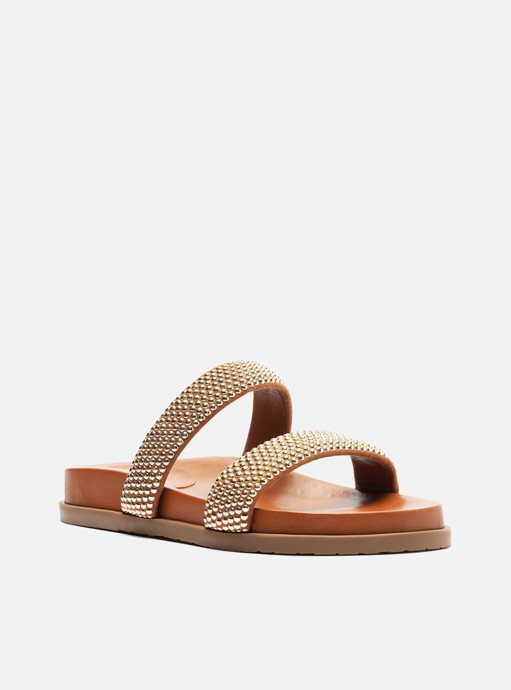 Sandália Papete Marrom Tiras Strass