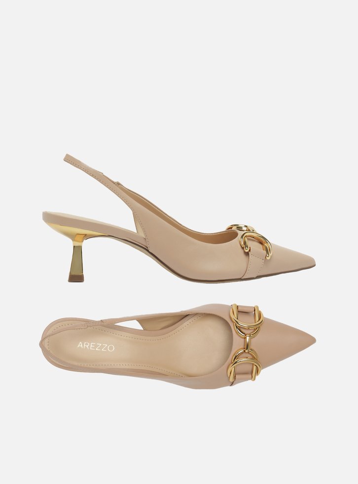 Scarpin Nude Arezzo Snake Bico Fino Slingback Bridão
