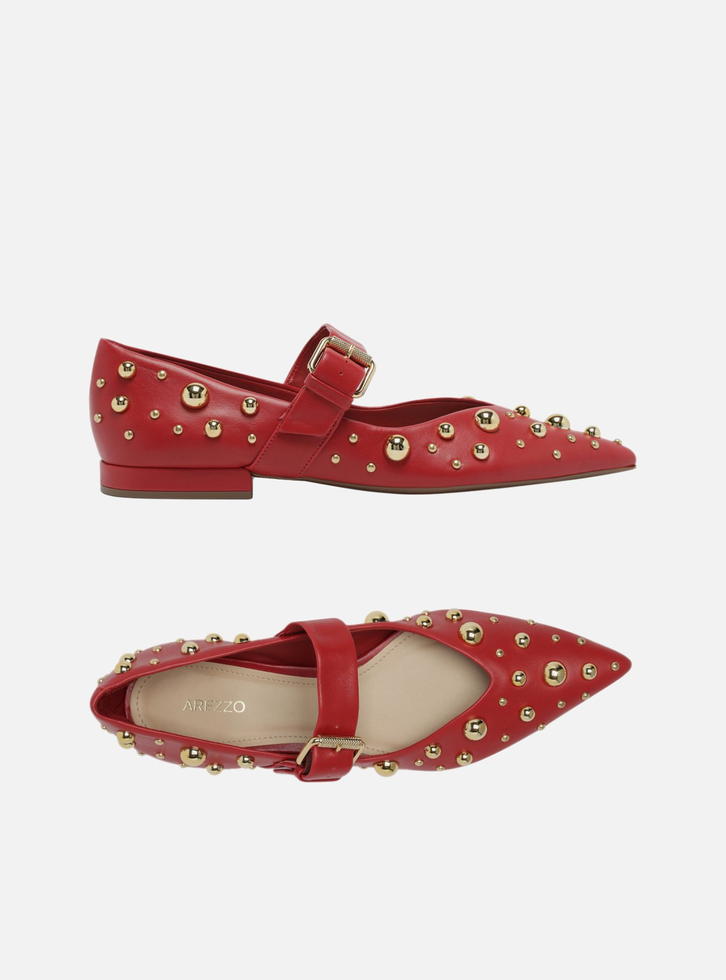 Sapatilha Boneca Vermelha Couro Maxi Tachas