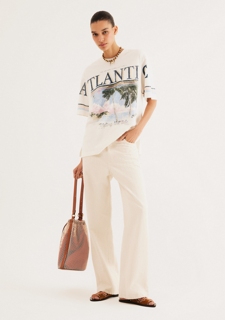 Calça Hering Off White Reta Cintura Média Em Sarja