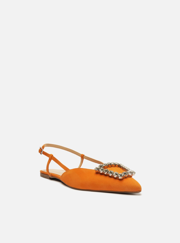 Sapatilha Laranja Arezzo Nobuck Bico Fino Slingback Pedraria