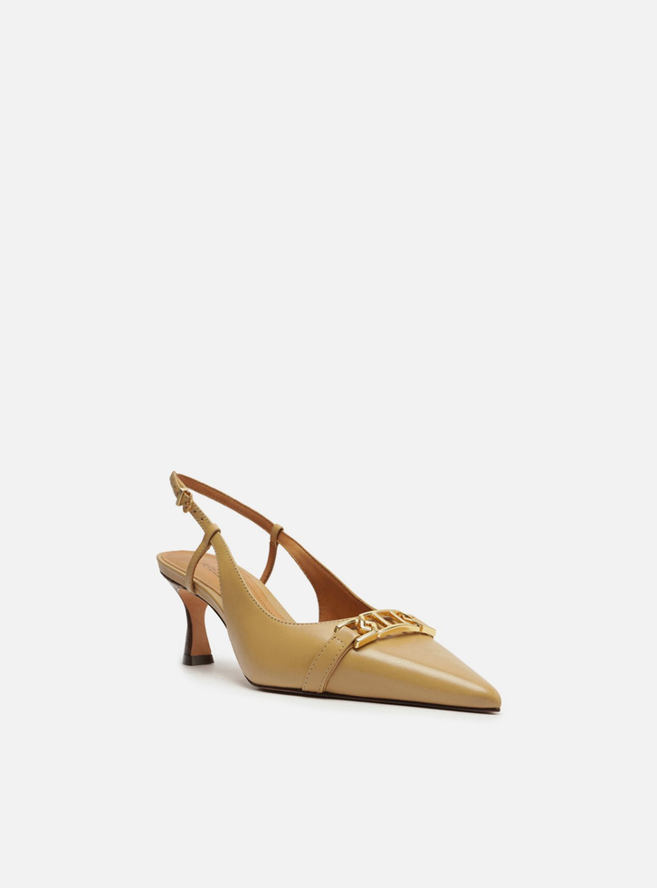 Scarpin Nude Arezzo Couro Bico Fino Slingback Metal