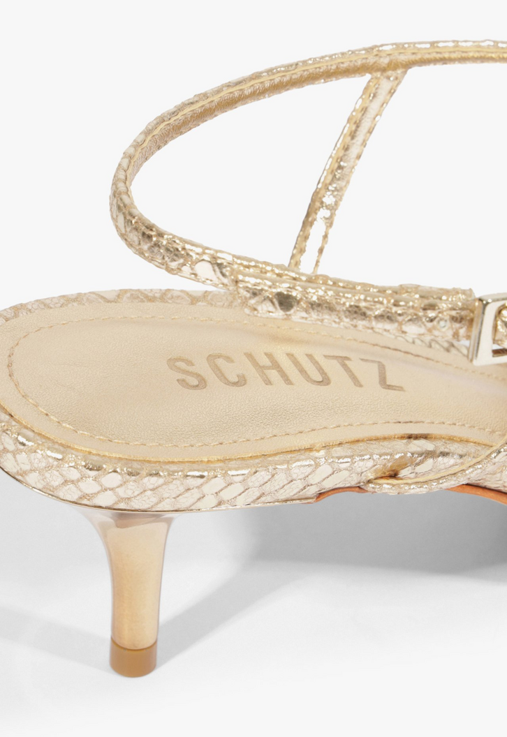 Sandália Slingback Salto Médio Couro Dourada | ZZ MALL