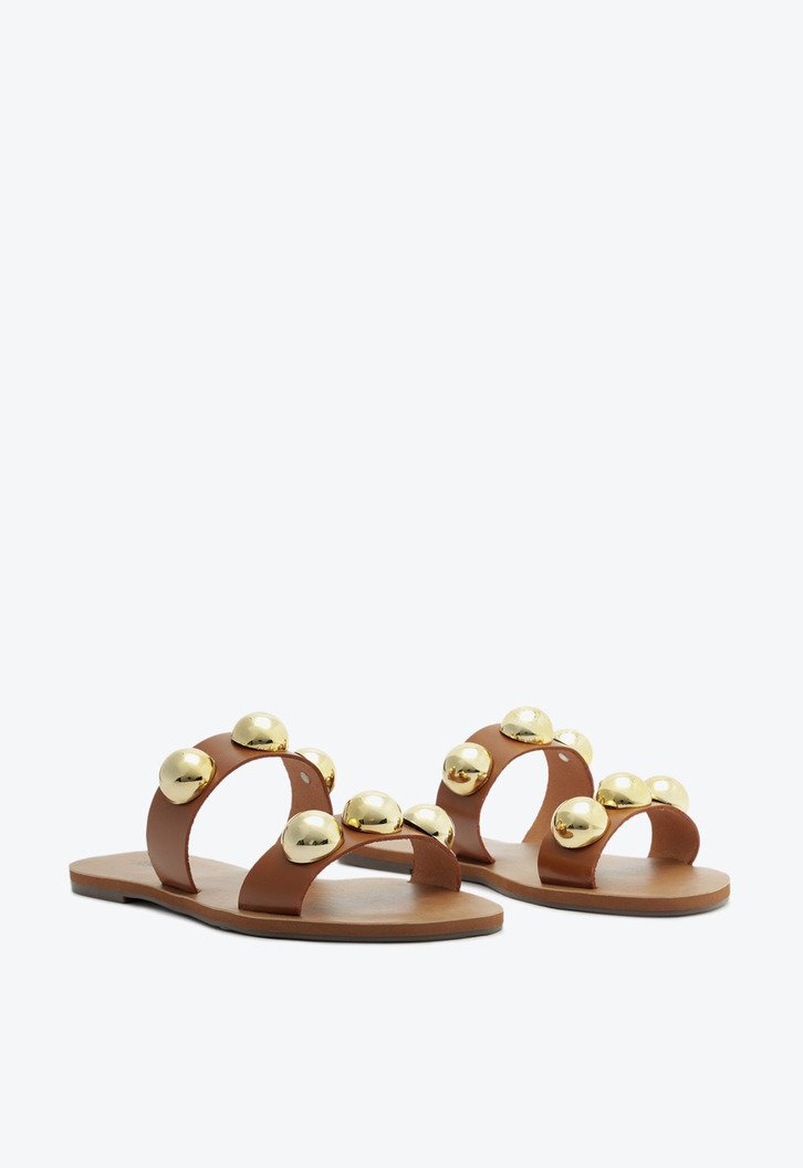 Rasteira Tiras Paralelas Esfera Pop Couro Marrom