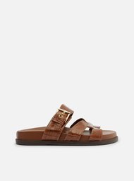 Papete Rasteira Marrom Croco Tira Vazada Fivela