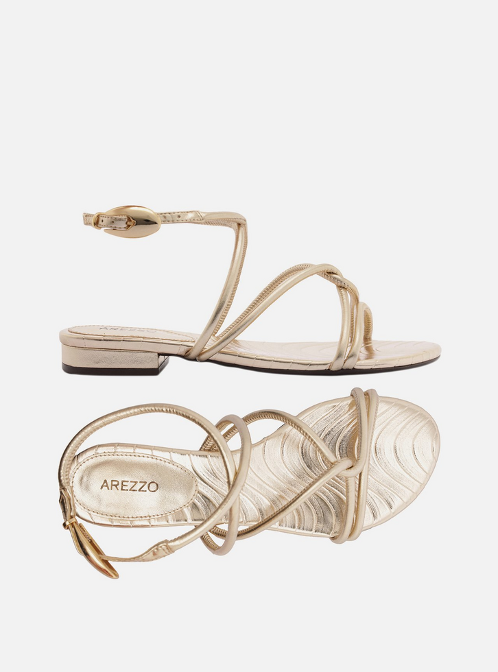 Sandália Rasteira Dourada Tiras Metal Bold | ZZ MALL