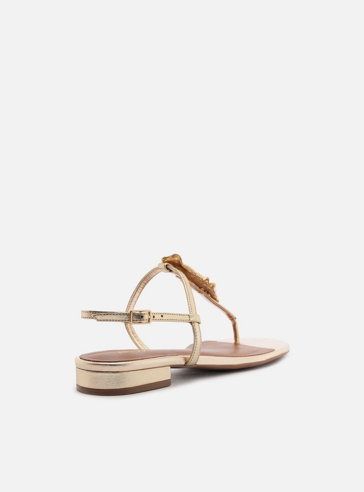 Sandália Rasteira Dourada Couro Slim Folha Metal