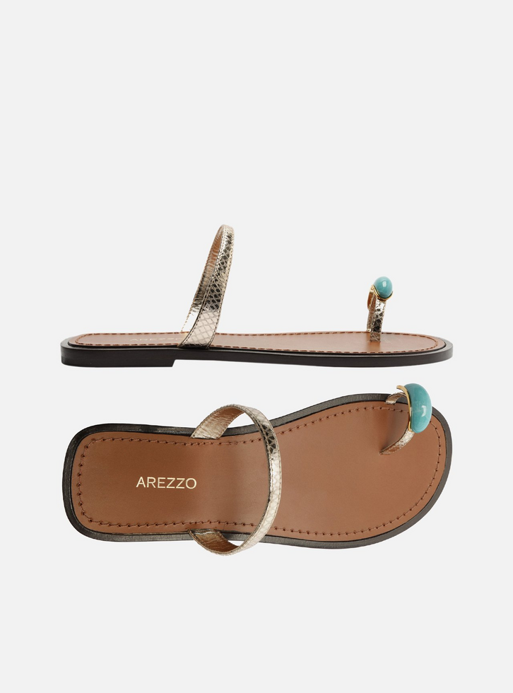 Rasteira Dourada Couro Snake Flat Tiras Pedra