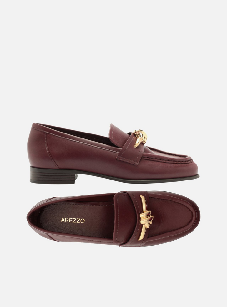 Mocassim Bordô Couro Bico Redondo Metal Nó