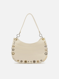 Bolsa Hobo Branca Couro Média Costuras Metais