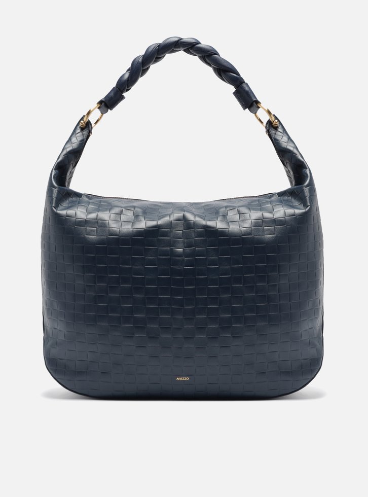 Bolsa Hobo Azul Couro Tressê Grande