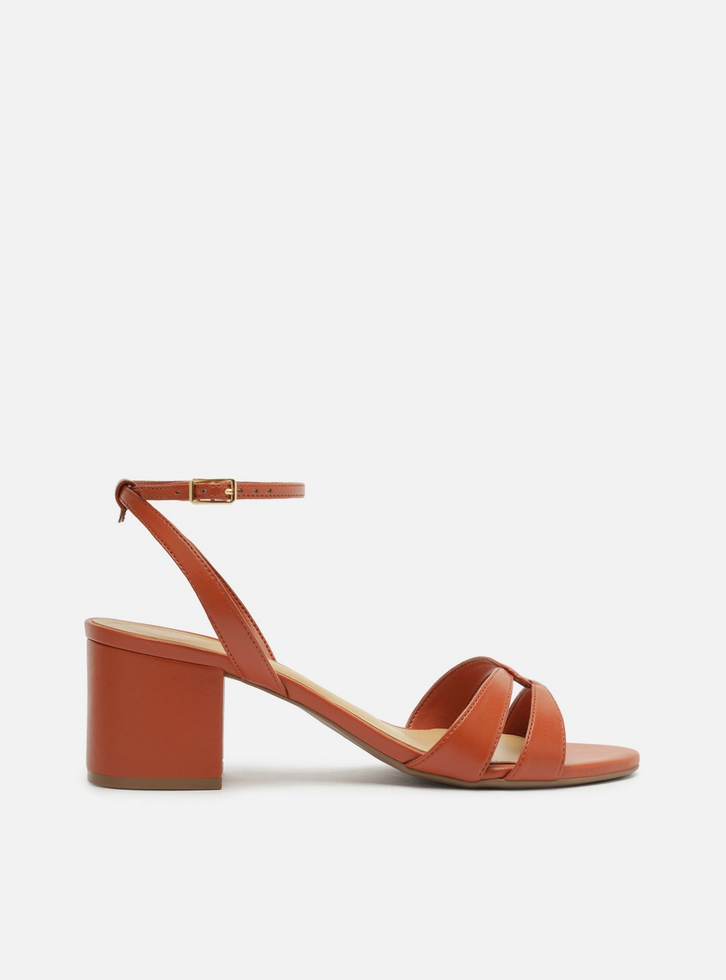 Sandália Laranja Salto Médio Bloco Tiras Enlace