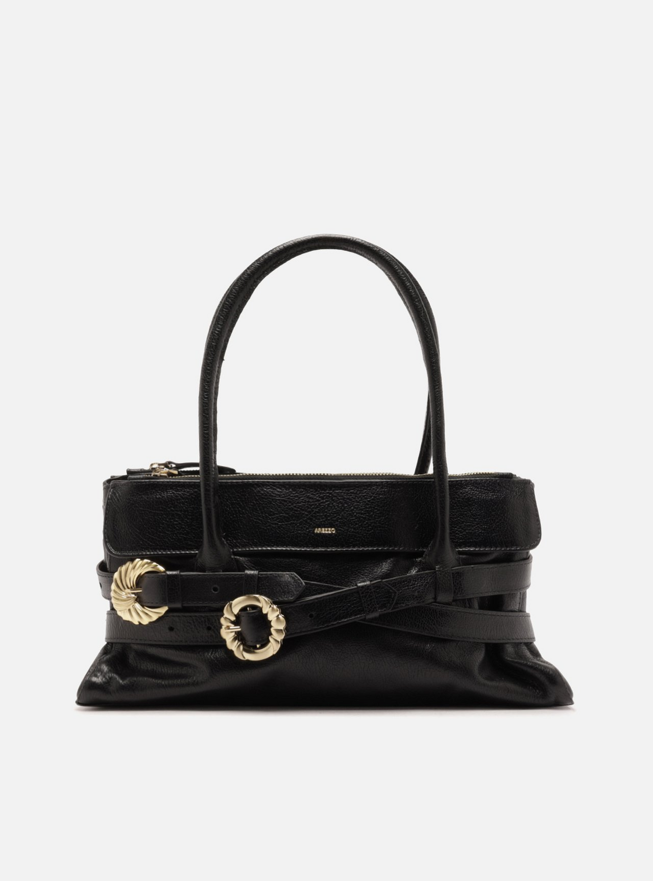 Bolsa Shoulder Preta Couro Grande Fivelas Douradas | ZZ MALL