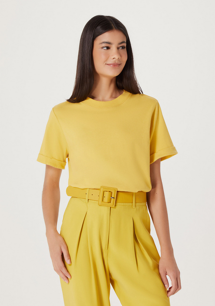 Blusa Amarelo Hering Feminina Manga Curta Em Malha de Algodão