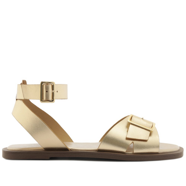 Sandália Rasteira Fivela Couro Dourada