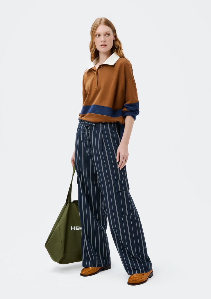 Calça Azul Hering Cargo Fio Tinto Com Linho