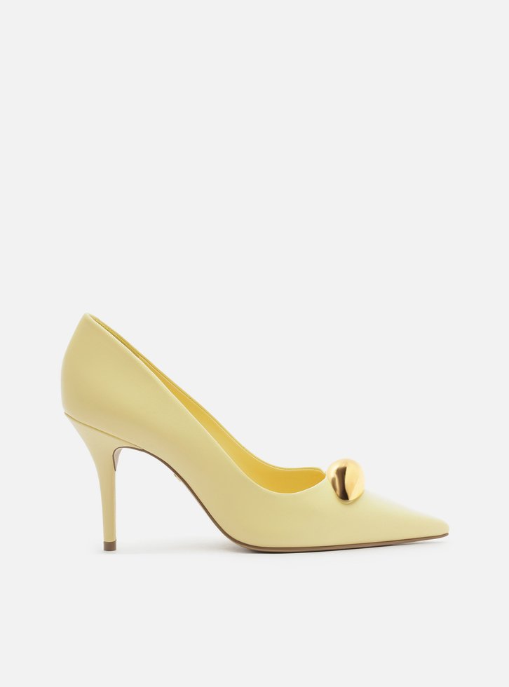 Scarpin Amarelo Couro Salto Fino Metal Silvia Braz