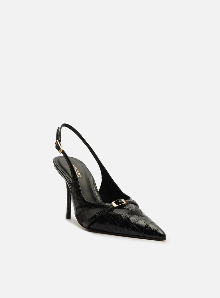 Scarpin Preto Croco Salto Alto Slingback Tela