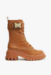 Bota Coturno Marrom Schutz Tratorado Cano Alto Couro Croco