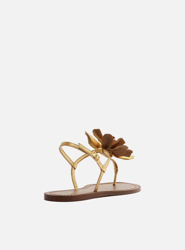 Sandália Rasteira Dourada Couro Slim Flor Marianne