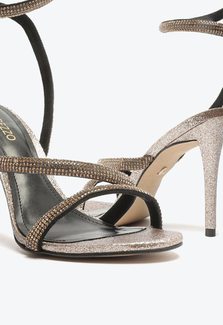 Sandália Dourada Arezzo Salto Fino Espiral Glitter Strass Gigi