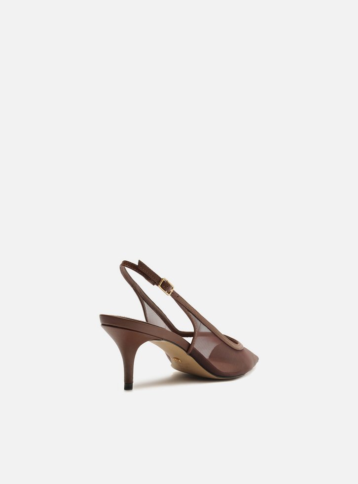 Scarpin Marrom Arezzo Tela Salto Kitten Slingback