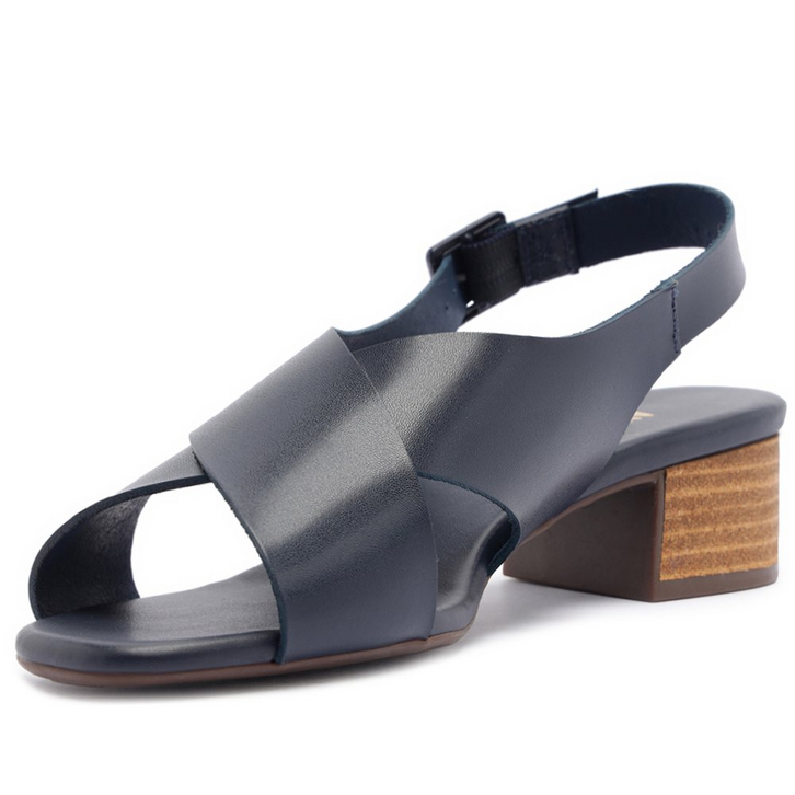 Sandália Salto Bloco Tiras Cruzadas Couro Azul