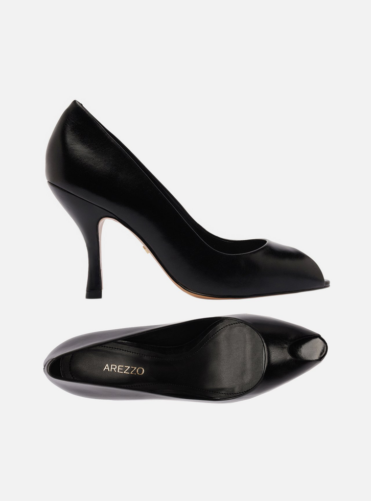 Peep Toe Preto Couro Salto Alto Fino