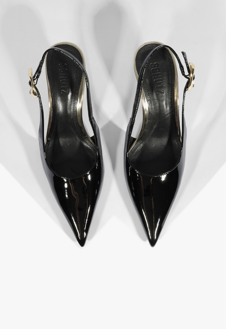 Sapato Scarpin Slingback Salto Médio Verniz Couro Preto