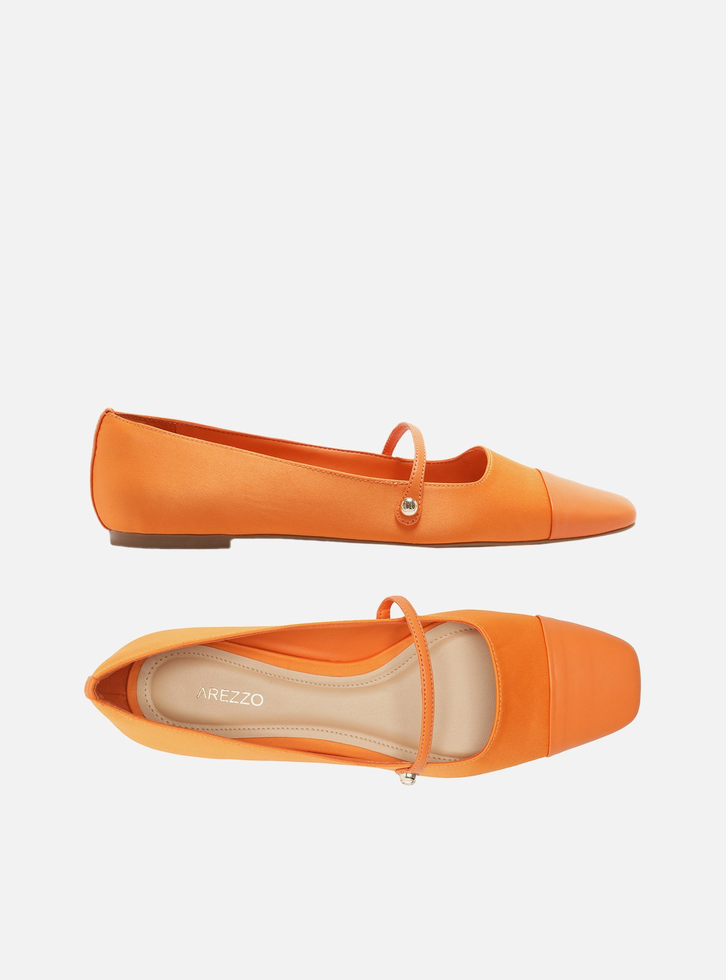 Sapatilha Boneca Laranja Couro Cap Toe