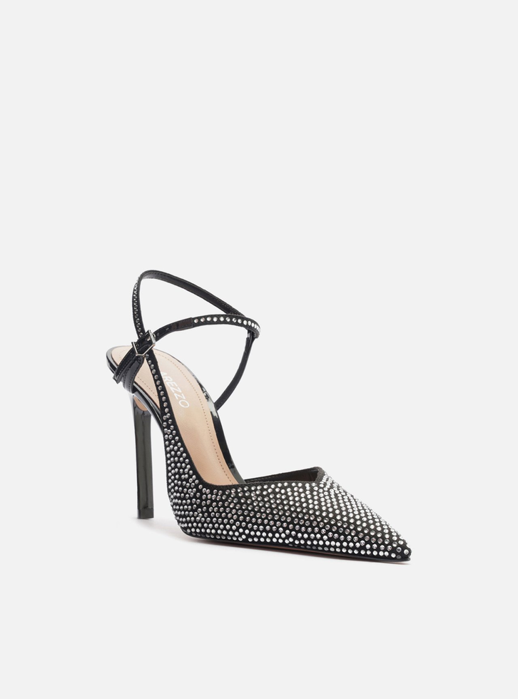 Scarpin Preto Salto Alto Slingback Cruzado Strass