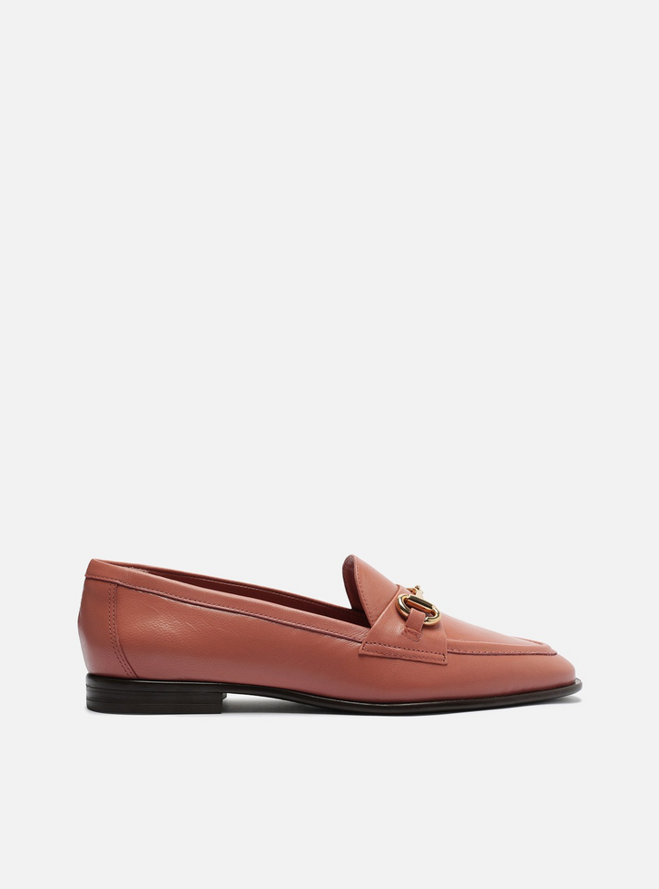 Mocassim Rosa Blush Couro Tira Bridão Metálico