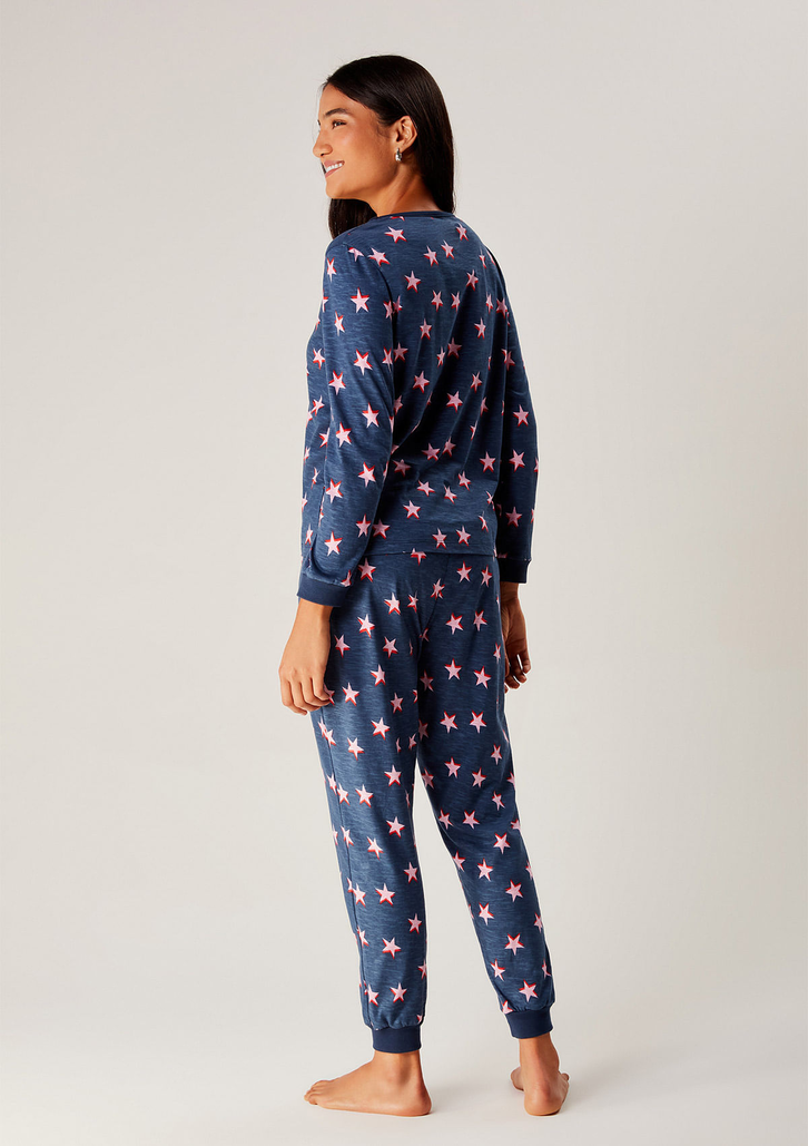 Pijama Azul Hering Longo Estampado Em Malha Flamê