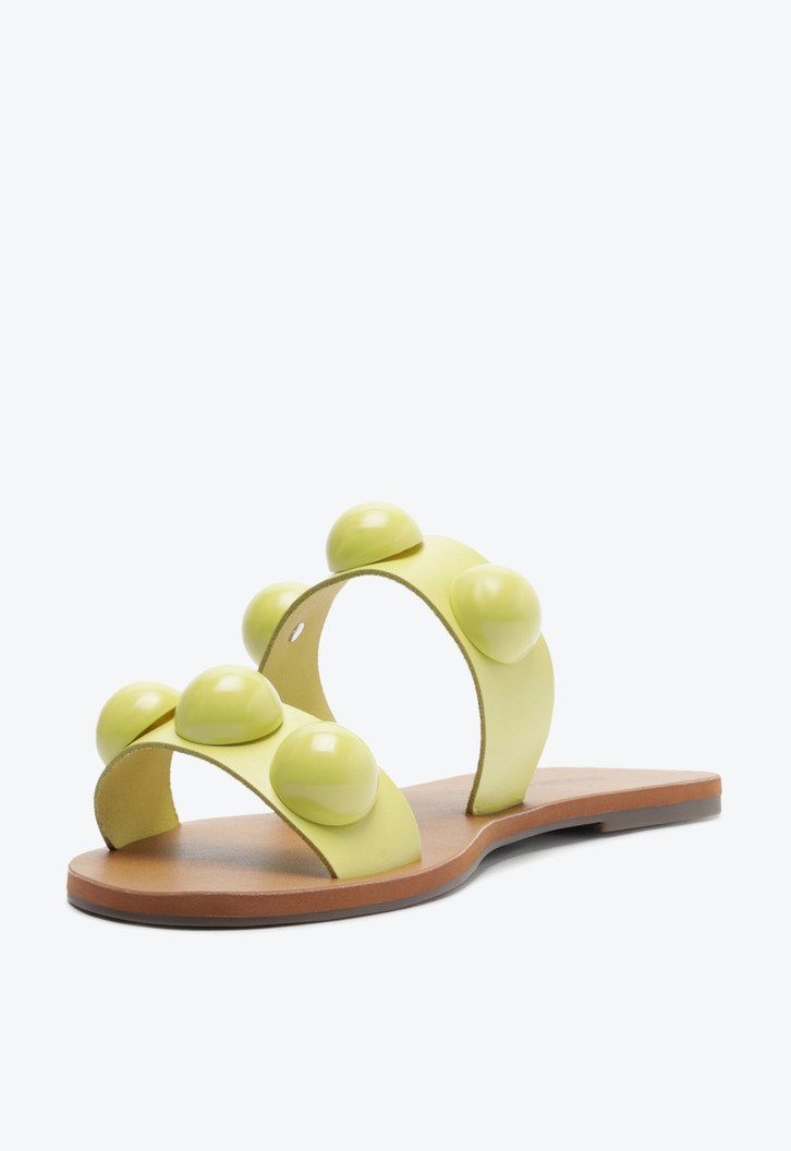 Rasteira Tiras Paralelas Esfera Pop Couro Amarela