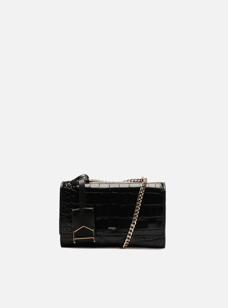 Bolsa Tiracolo Preta Couro Pequena Croco Corrente