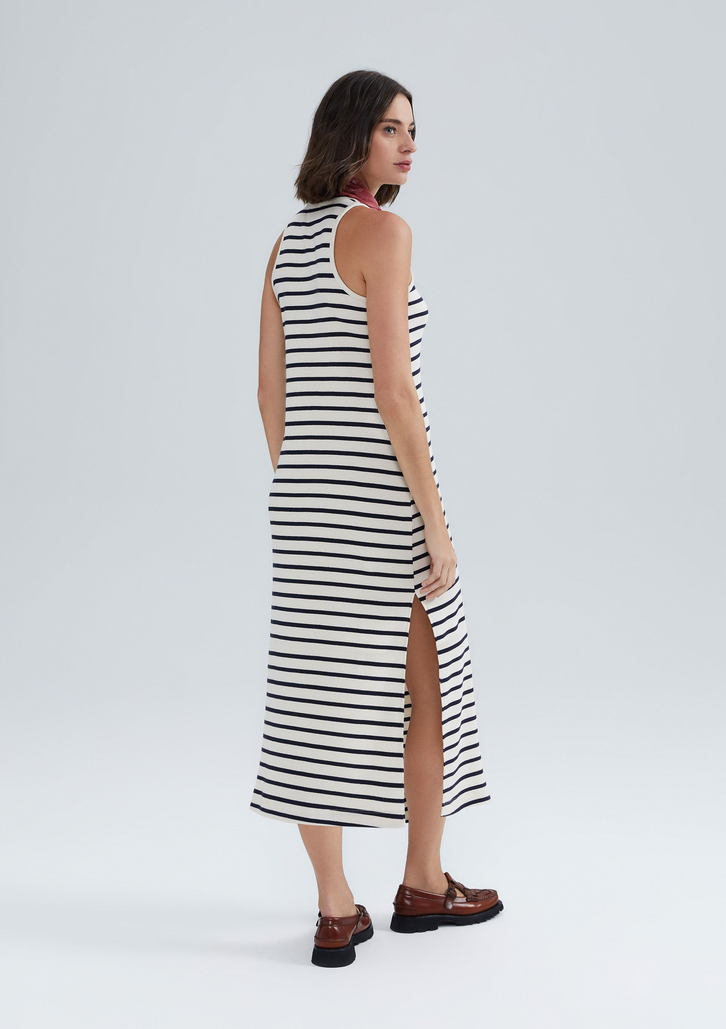 Vestido Azul Hering Midi Listrado Com Fenda